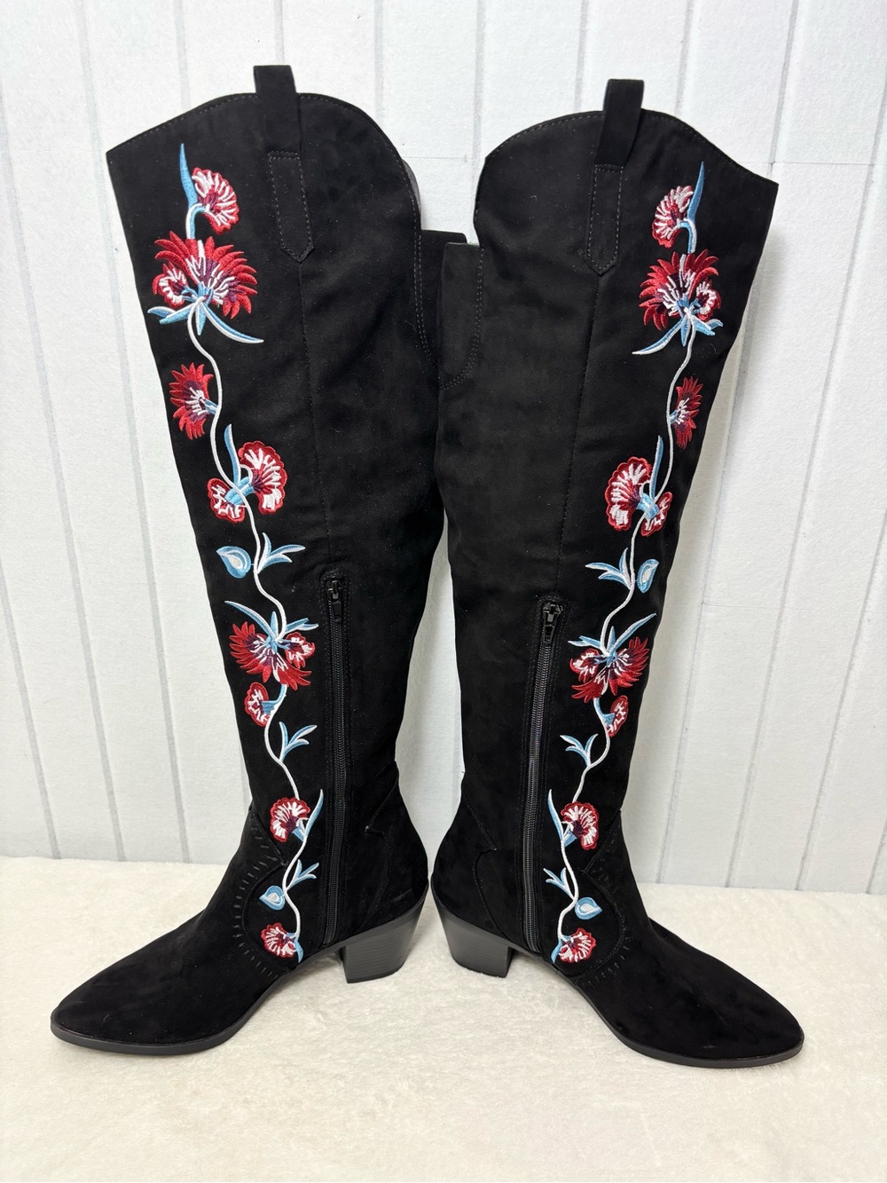 Carlos Santana Alexia Over the Knee Boots Womens 9.5M Black Floral Embroidered - Picture 3 of 16